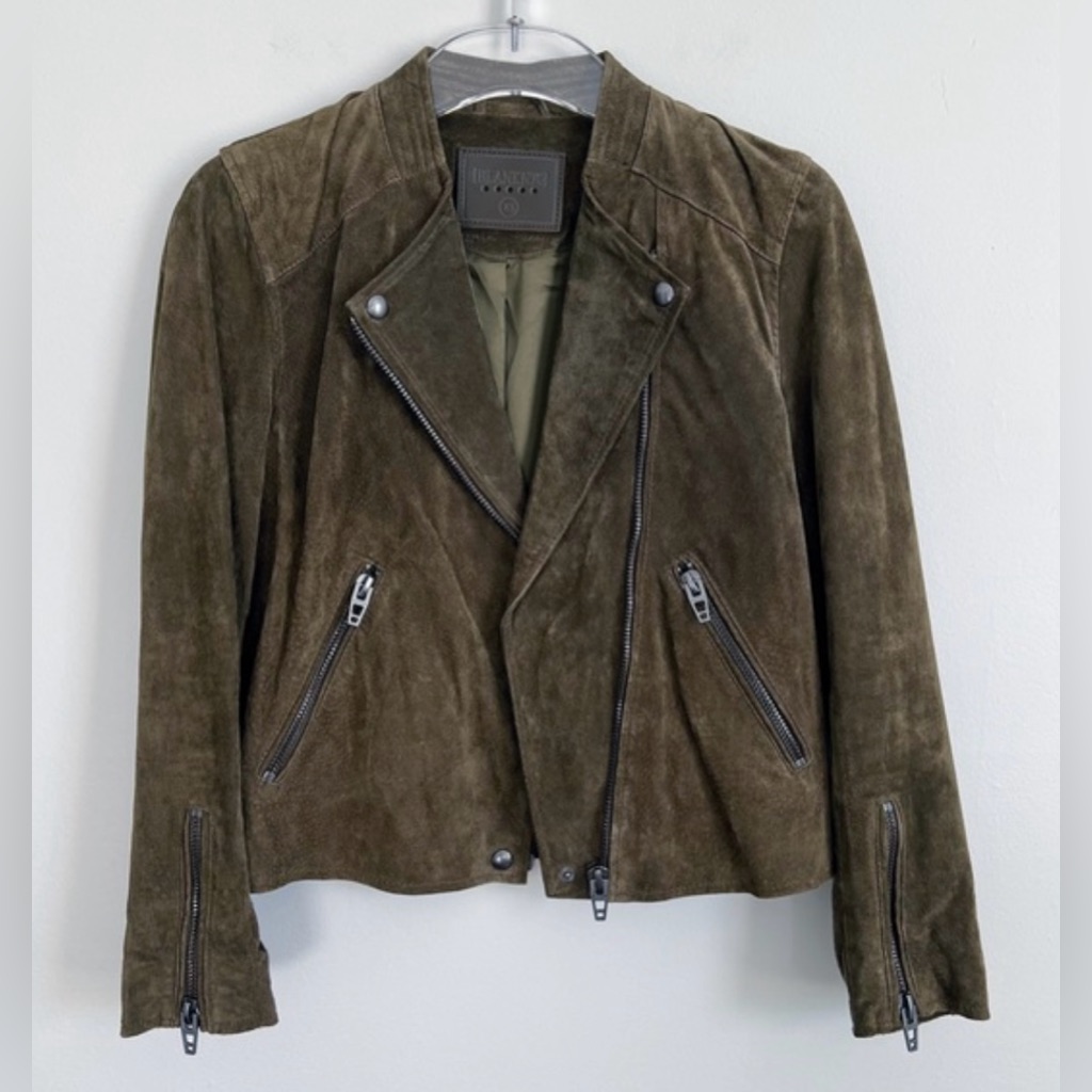 Blank Nyc Vintage Olive Suede Leather Moto Asymmetrical Zipper Jacket